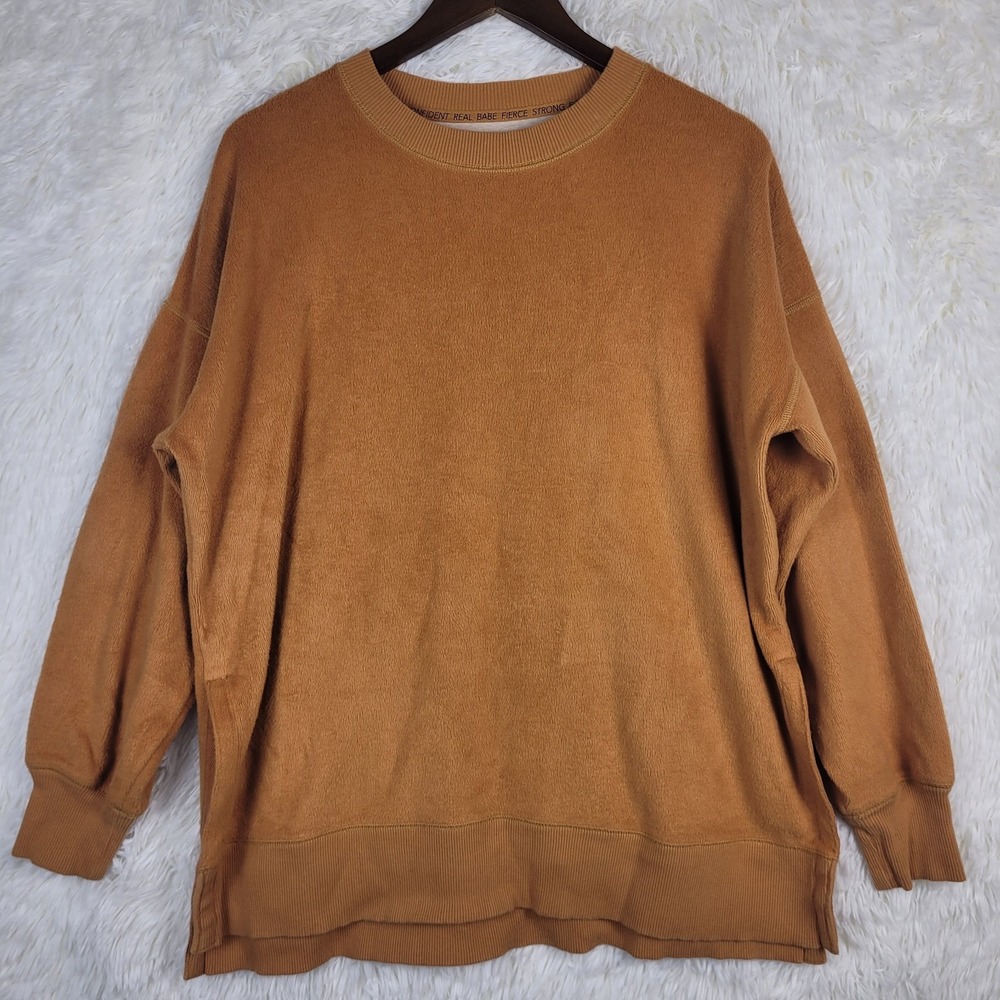 Aerie Small Burnt Orange Velour Crew Neck Sweater Oversized Cozy